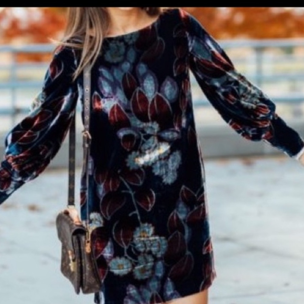 NWT STUNNING Ann Taylor Long Sleeve Blues & Burgundy Floral Velvet Shift Dress! - Picture 7 of 12